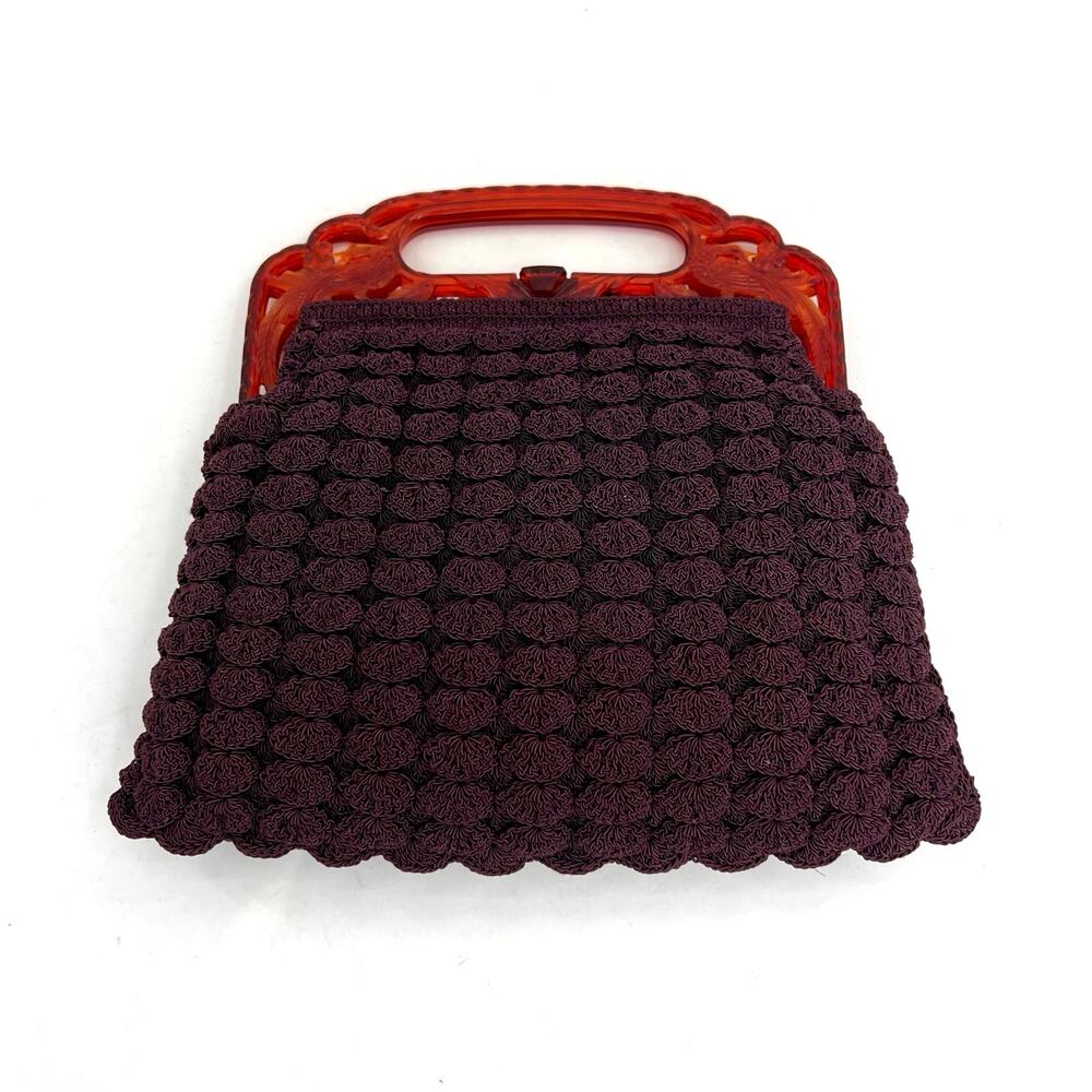 Vintage 1970s crochet handbag Pheasant Peacock Handle Snap Closure